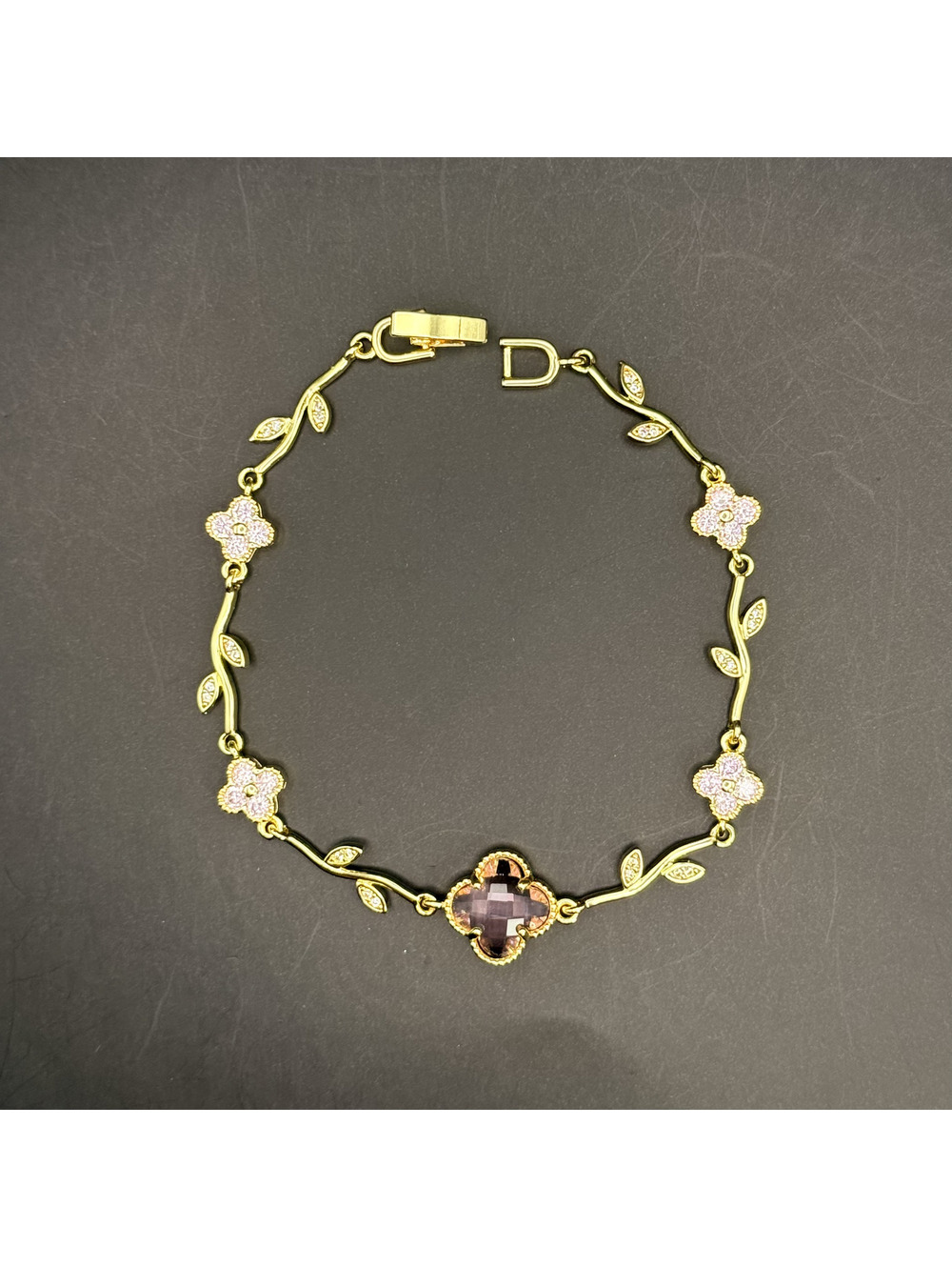 candy+clover pink clover crystal vine gold tone bracelet